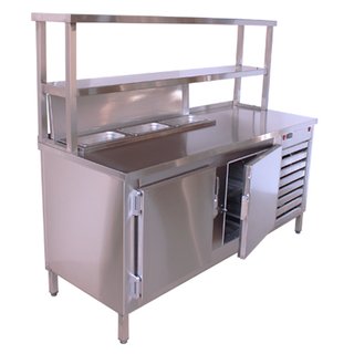 Customized Stainless Steel 2 Doors Table Top with Containers and Upper Shleves